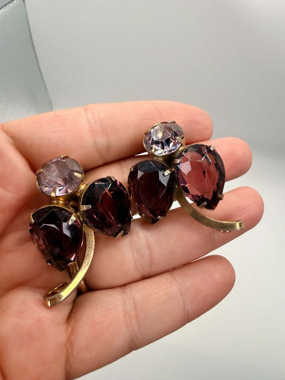 Vintage Purple Rhinestone Clip Earrings Gold Tone